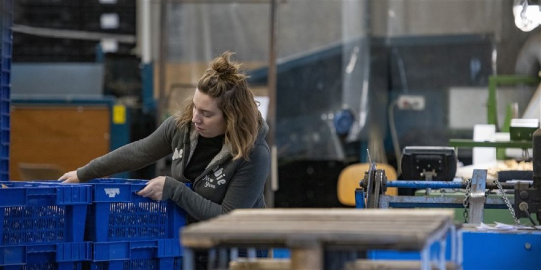 Vrijwel lege fabriekshal in Nederland met één werknemer aan het werk, illustratie van lage bezetting en werkloosheid.