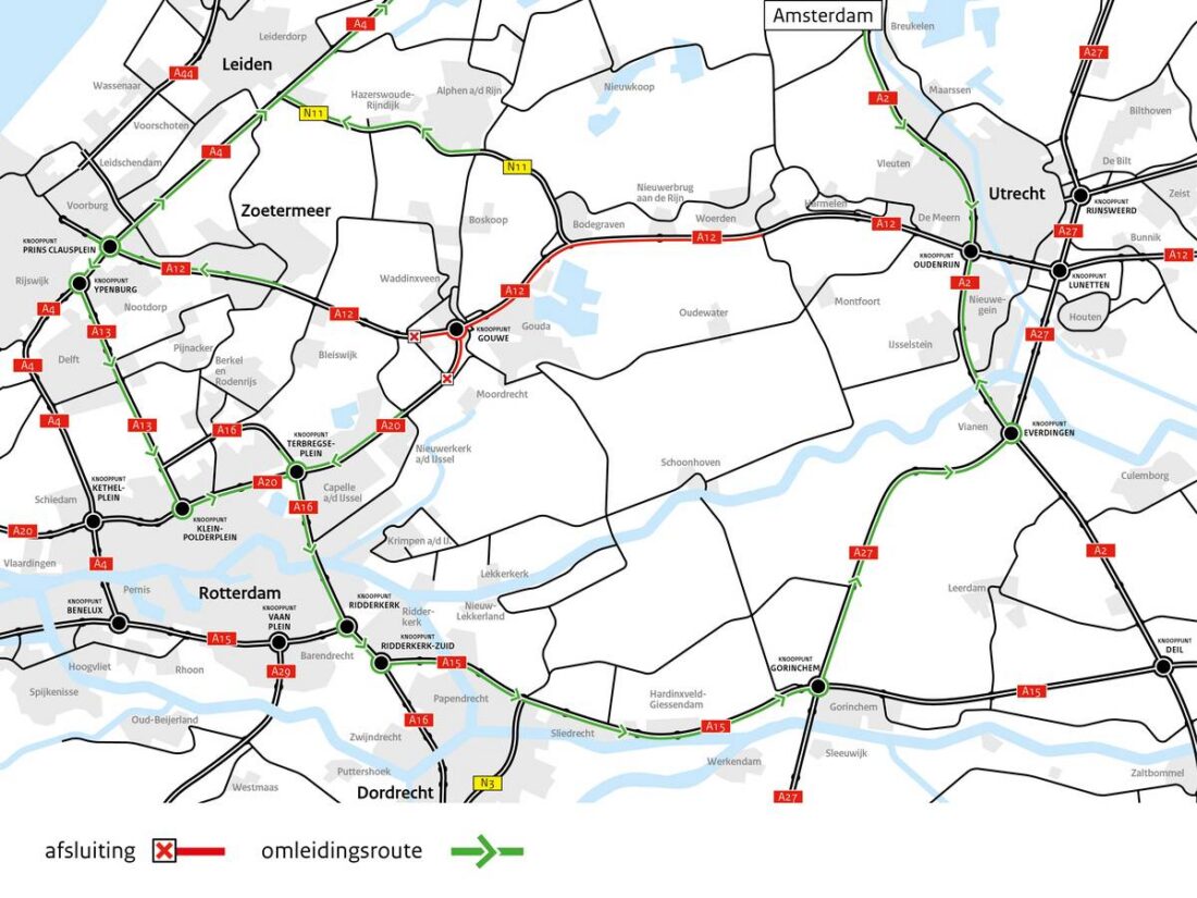A12 vijf dagen dicht tussen Moordrecht en Woerden tijdens hemelvaart