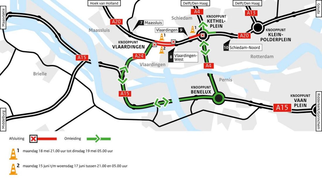 A20 meerdere nachten dicht voor asfaltherstel in mei en juni