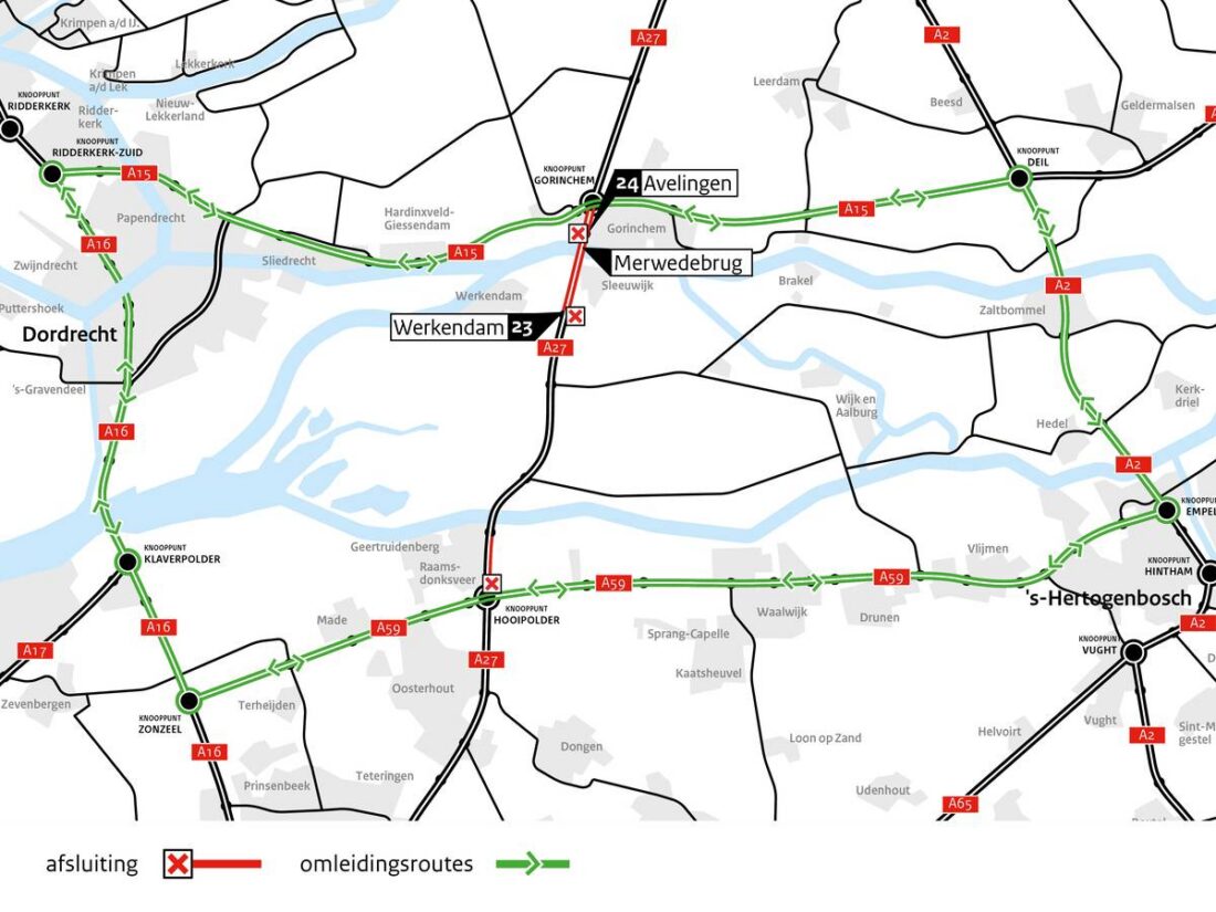 A27 bij Gorinchem hele nacht dicht voor onderhoud Merwedebrug