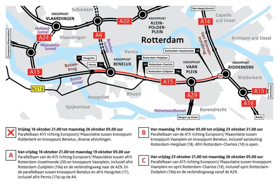 A15 tussen Ridderkerk en Benelux tot 26 oktober deels afgesloten